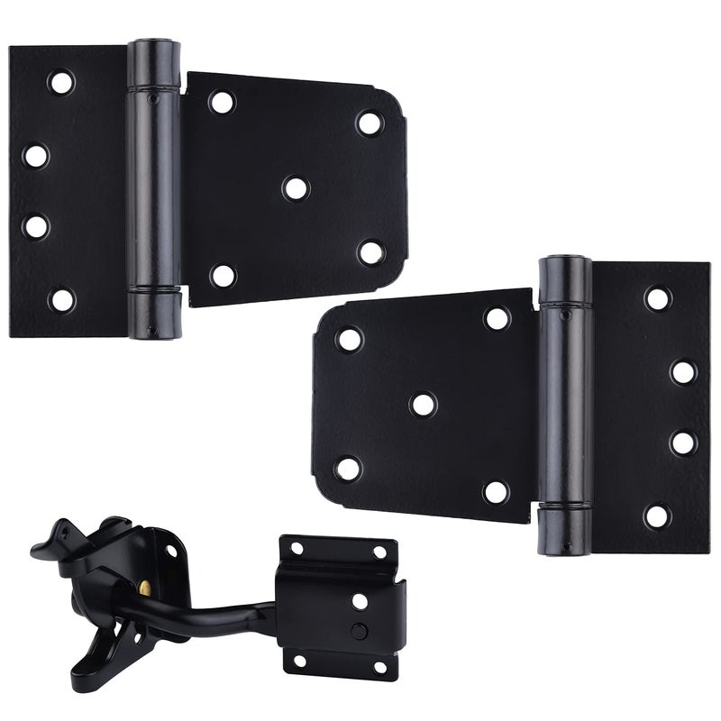SANKINS Self-Closing Gate Hardware Kit,1 Pack Self-locking Gate Latch and 2 Pack 3.5inch Heavy Duty Adjustable Spring Gate Square Barn Hinges,Black Finish Gate Hardware Set for Wood Vinyl Fence Gate Shed Door - Image 1